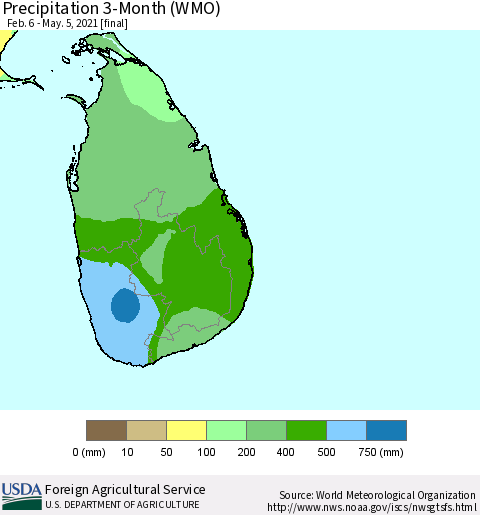 Sri Lanka Precipitation 3-Month (WMO) Thematic Map For 2/6/2021 - 5/5/2021