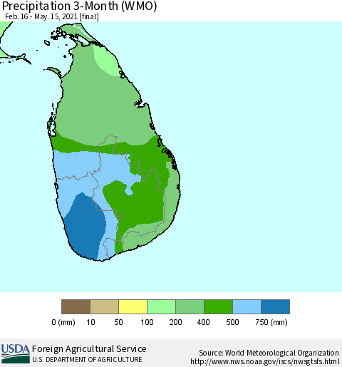 Sri Lanka Precipitation 3-Month (WMO) Thematic Map For 2/16/2021 - 5/15/2021
