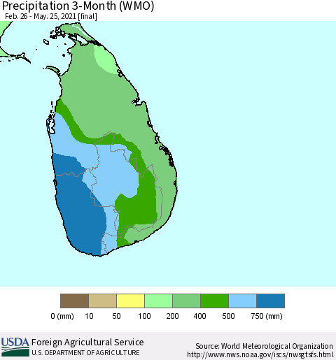 Sri Lanka Precipitation 3-Month (WMO) Thematic Map For 2/26/2021 - 5/25/2021