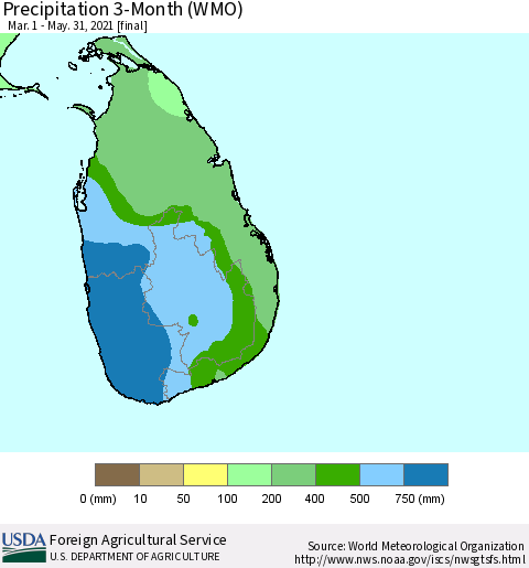 Sri Lanka Precipitation 3-Month (WMO) Thematic Map For 3/1/2021 - 5/31/2021