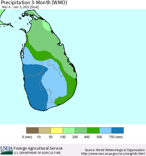Sri Lanka Precipitation 3-Month (WMO) Thematic Map For 3/6/2021 - 6/5/2021