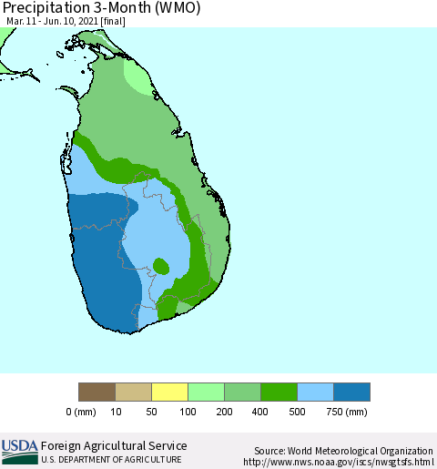 Sri Lanka Precipitation 3-Month (WMO) Thematic Map For 3/11/2021 - 6/10/2021