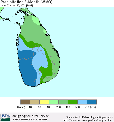 Sri Lanka Precipitation 3-Month (WMO) Thematic Map For 3/21/2021 - 6/20/2021