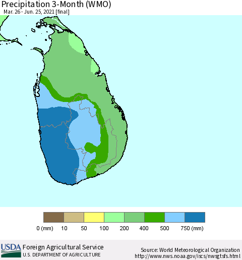 Sri Lanka Precipitation 3-Month (WMO) Thematic Map For 3/26/2021 - 6/25/2021