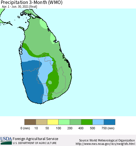 Sri Lanka Precipitation 3-Month (WMO) Thematic Map For 4/1/2021 - 6/30/2021