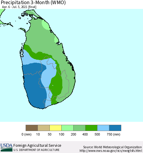 Sri Lanka Precipitation 3-Month (WMO) Thematic Map For 4/6/2021 - 7/5/2021