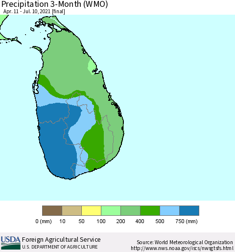 Sri Lanka Precipitation 3-Month (WMO) Thematic Map For 4/11/2021 - 7/10/2021