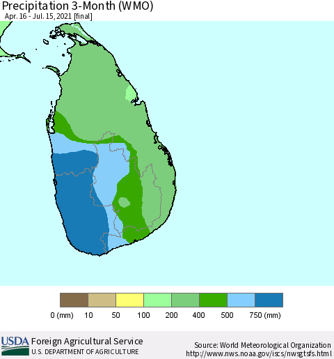 Sri Lanka Precipitation 3-Month (WMO) Thematic Map For 4/16/2021 - 7/15/2021
