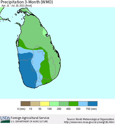Sri Lanka Precipitation 3-Month (WMO) Thematic Map For 4/21/2021 - 7/20/2021