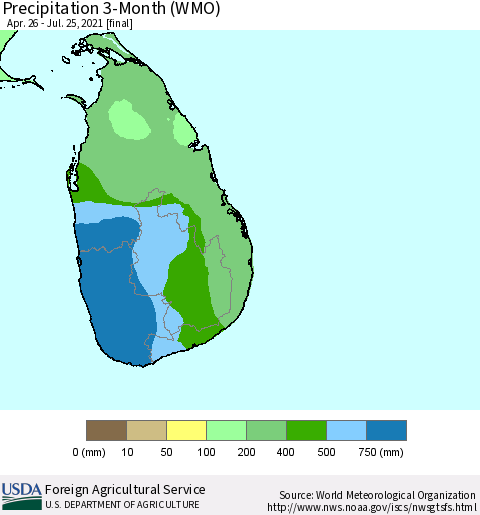 Sri Lanka Precipitation 3-Month (WMO) Thematic Map For 4/26/2021 - 7/25/2021
