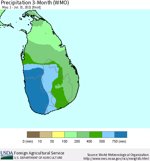 Sri Lanka Precipitation 3-Month (WMO) Thematic Map For 5/1/2021 - 7/31/2021