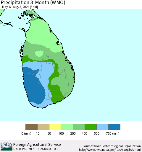 Sri Lanka Precipitation 3-Month (WMO) Thematic Map For 5/6/2021 - 8/5/2021