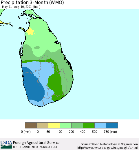 Sri Lanka Precipitation 3-Month (WMO) Thematic Map For 5/11/2021 - 8/10/2021