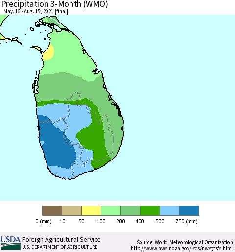 Sri Lanka Precipitation 3-Month (WMO) Thematic Map For 5/16/2021 - 8/15/2021