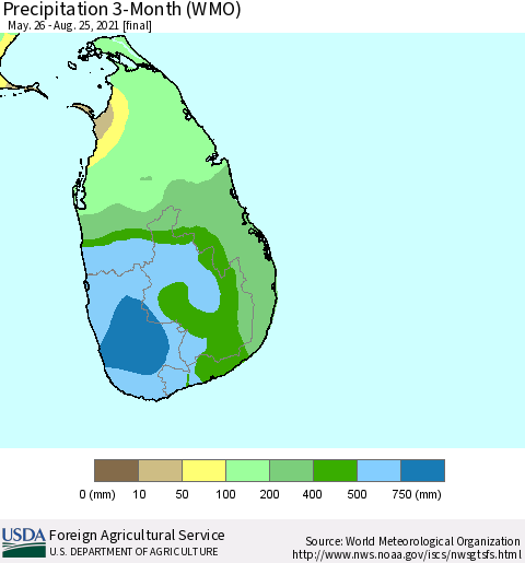Sri Lanka Precipitation 3-Month (WMO) Thematic Map For 5/26/2021 - 8/25/2021
