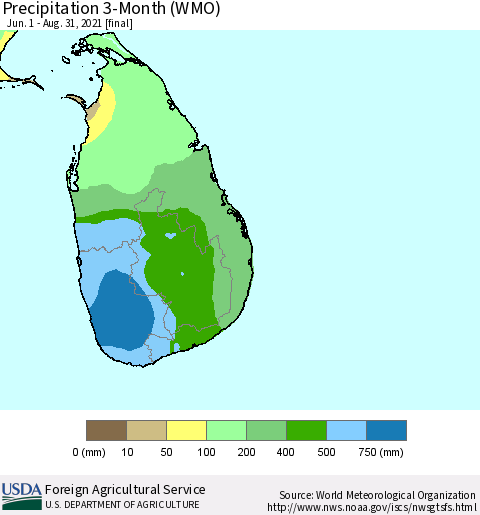 Sri Lanka Precipitation 3-Month (WMO) Thematic Map For 6/1/2021 - 8/31/2021