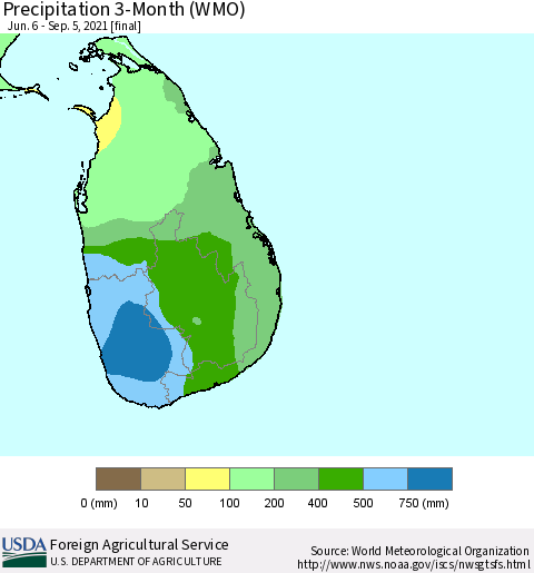 Sri Lanka Precipitation 3-Month (WMO) Thematic Map For 6/6/2021 - 9/5/2021