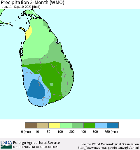 Sri Lanka Precipitation 3-Month (WMO) Thematic Map For 6/11/2021 - 9/10/2021