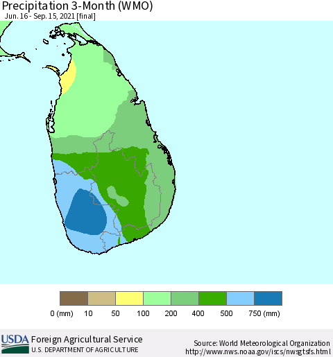 Sri Lanka Precipitation 3-Month (WMO) Thematic Map For 6/16/2021 - 9/15/2021