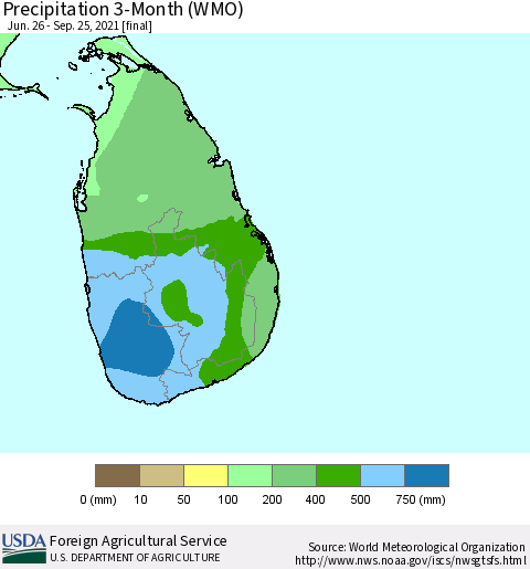 Sri Lanka Precipitation 3-Month (WMO) Thematic Map For 6/26/2021 - 9/25/2021