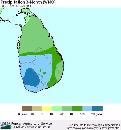 Sri Lanka Precipitation 3-Month (WMO) Thematic Map For 7/1/2021 - 9/30/2021