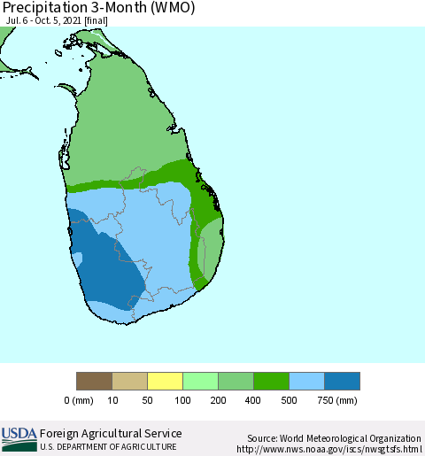 Sri Lanka Precipitation 3-Month (WMO) Thematic Map For 7/6/2021 - 10/5/2021