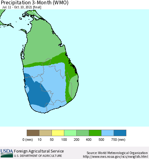 Sri Lanka Precipitation 3-Month (WMO) Thematic Map For 7/11/2021 - 10/10/2021