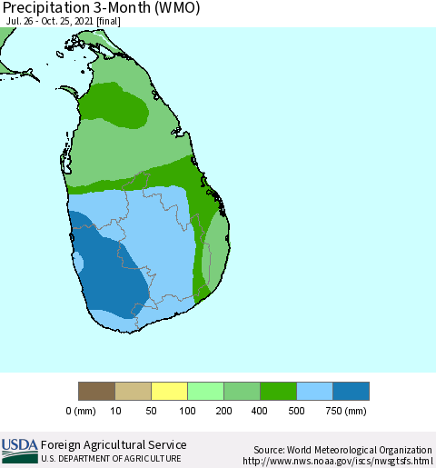Sri Lanka Precipitation 3-Month (WMO) Thematic Map For 7/26/2021 - 10/25/2021
