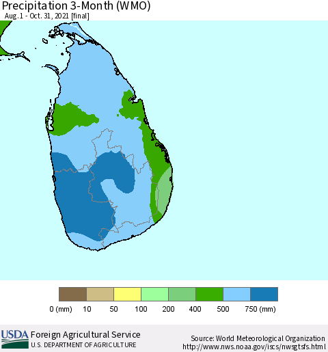 Sri Lanka Precipitation 3-Month (WMO) Thematic Map For 8/1/2021 - 10/31/2021
