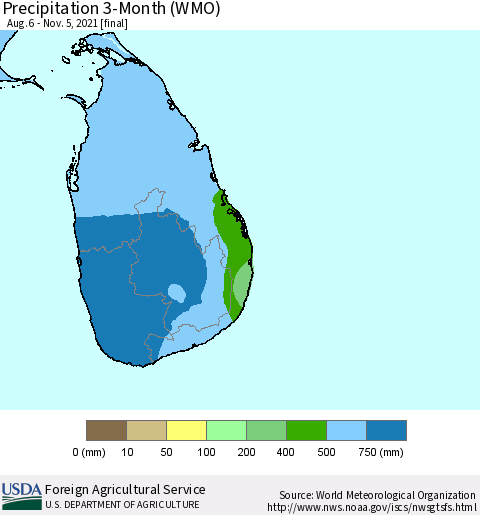 Sri Lanka Precipitation 3-Month (WMO) Thematic Map For 8/6/2021 - 11/5/2021