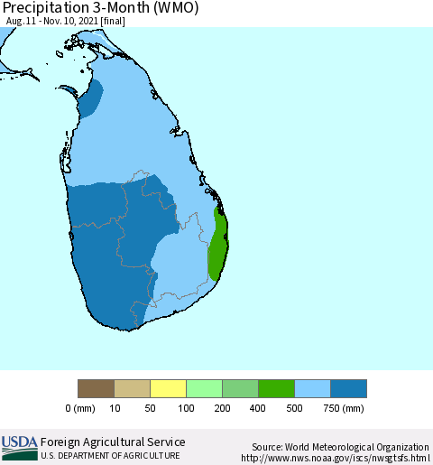 Sri Lanka Precipitation 3-Month (WMO) Thematic Map For 8/11/2021 - 11/10/2021
