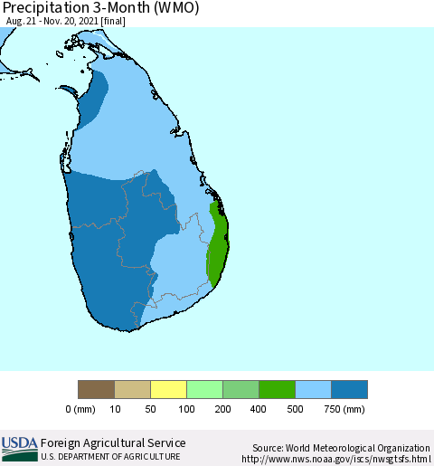 Sri Lanka Precipitation 3-Month (WMO) Thematic Map For 8/21/2021 - 11/20/2021