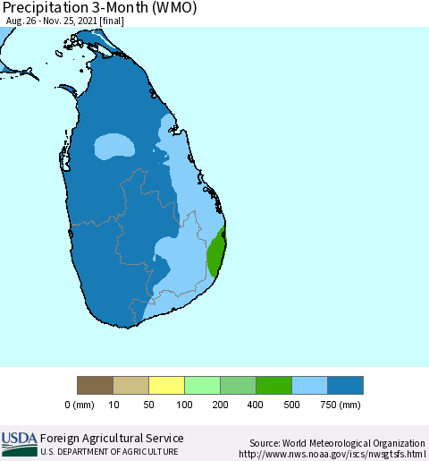 Sri Lanka Precipitation 3-Month (WMO) Thematic Map For 8/26/2021 - 11/25/2021