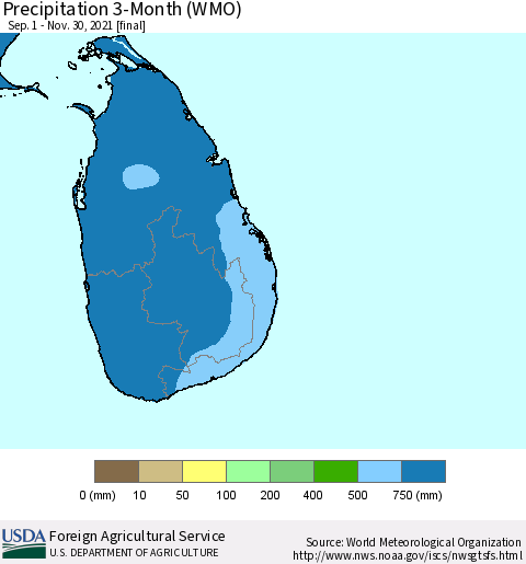 Sri Lanka Precipitation 3-Month (WMO) Thematic Map For 9/1/2021 - 11/30/2021