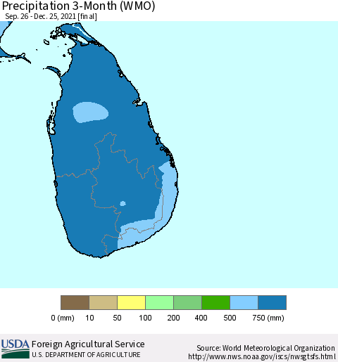 Sri Lanka Precipitation 3-Month (WMO) Thematic Map For 9/26/2021 - 12/25/2021