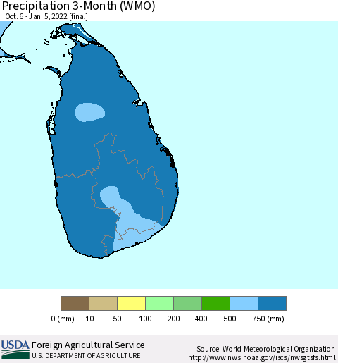 Sri Lanka Precipitation 3-Month (WMO) Thematic Map For 10/6/2021 - 1/5/2022