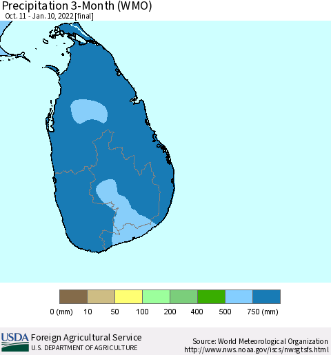 Sri Lanka Precipitation 3-Month (WMO) Thematic Map For 10/11/2021 - 1/10/2022