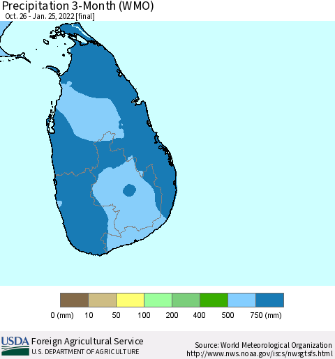Sri Lanka Precipitation 3-Month (WMO) Thematic Map For 10/26/2021 - 1/25/2022