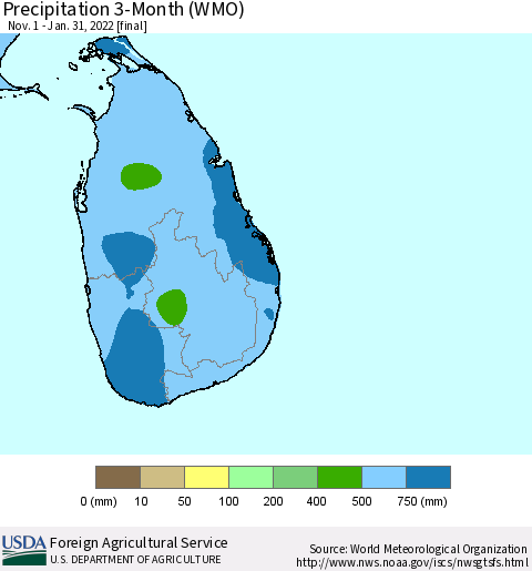 Sri Lanka Precipitation 3-Month (WMO) Thematic Map For 11/1/2021 - 1/31/2022