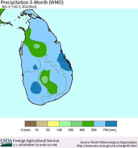 Sri Lanka Precipitation 3-Month (WMO) Thematic Map For 11/6/2021 - 2/5/2022