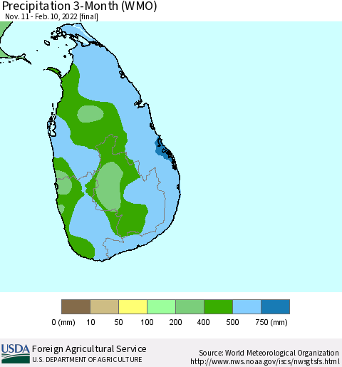 Sri Lanka Precipitation 3-Month (WMO) Thematic Map For 11/11/2021 - 2/10/2022