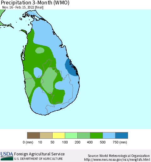 Sri Lanka Precipitation 3-Month (WMO) Thematic Map For 11/16/2021 - 2/15/2022