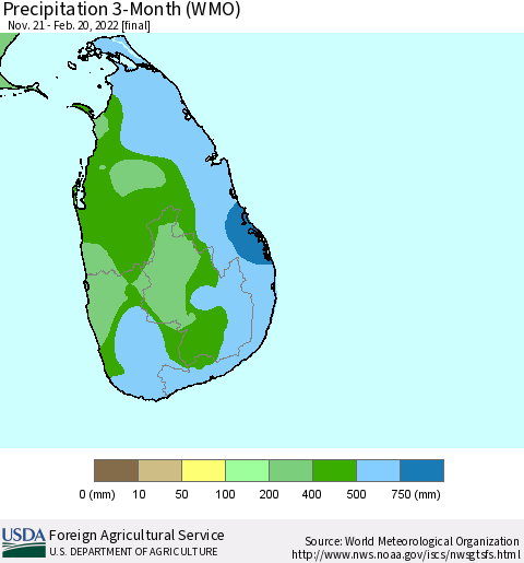 Sri Lanka Precipitation 3-Month (WMO) Thematic Map For 11/21/2021 - 2/20/2022