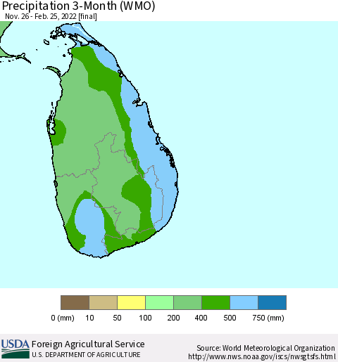 Sri Lanka Precipitation 3-Month (WMO) Thematic Map For 11/26/2021 - 2/25/2022