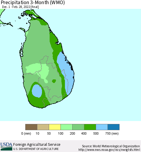 Sri Lanka Precipitation 3-Month (WMO) Thematic Map For 12/1/2021 - 2/28/2022