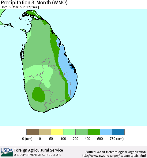 Sri Lanka Precipitation 3-Month (WMO) Thematic Map For 12/6/2021 - 3/5/2022