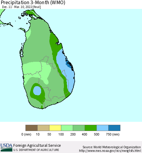 Sri Lanka Precipitation 3-Month (WMO) Thematic Map For 12/11/2021 - 3/10/2022