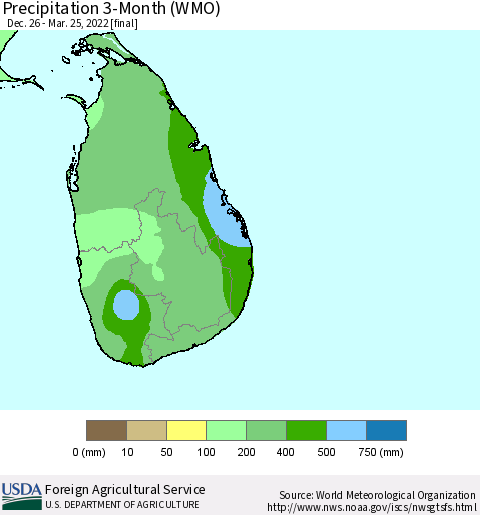 Sri Lanka Precipitation 3-Month (WMO) Thematic Map For 12/26/2021 - 3/25/2022