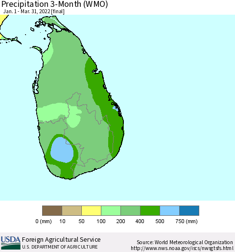 Sri Lanka Precipitation 3-Month (WMO) Thematic Map For 1/1/2022 - 3/31/2022
