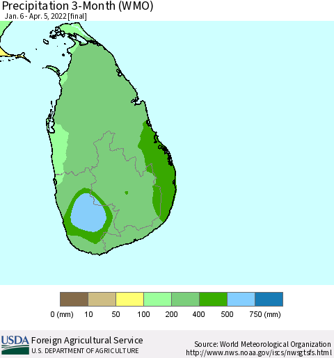 Sri Lanka Precipitation 3-Month (WMO) Thematic Map For 1/6/2022 - 4/5/2022